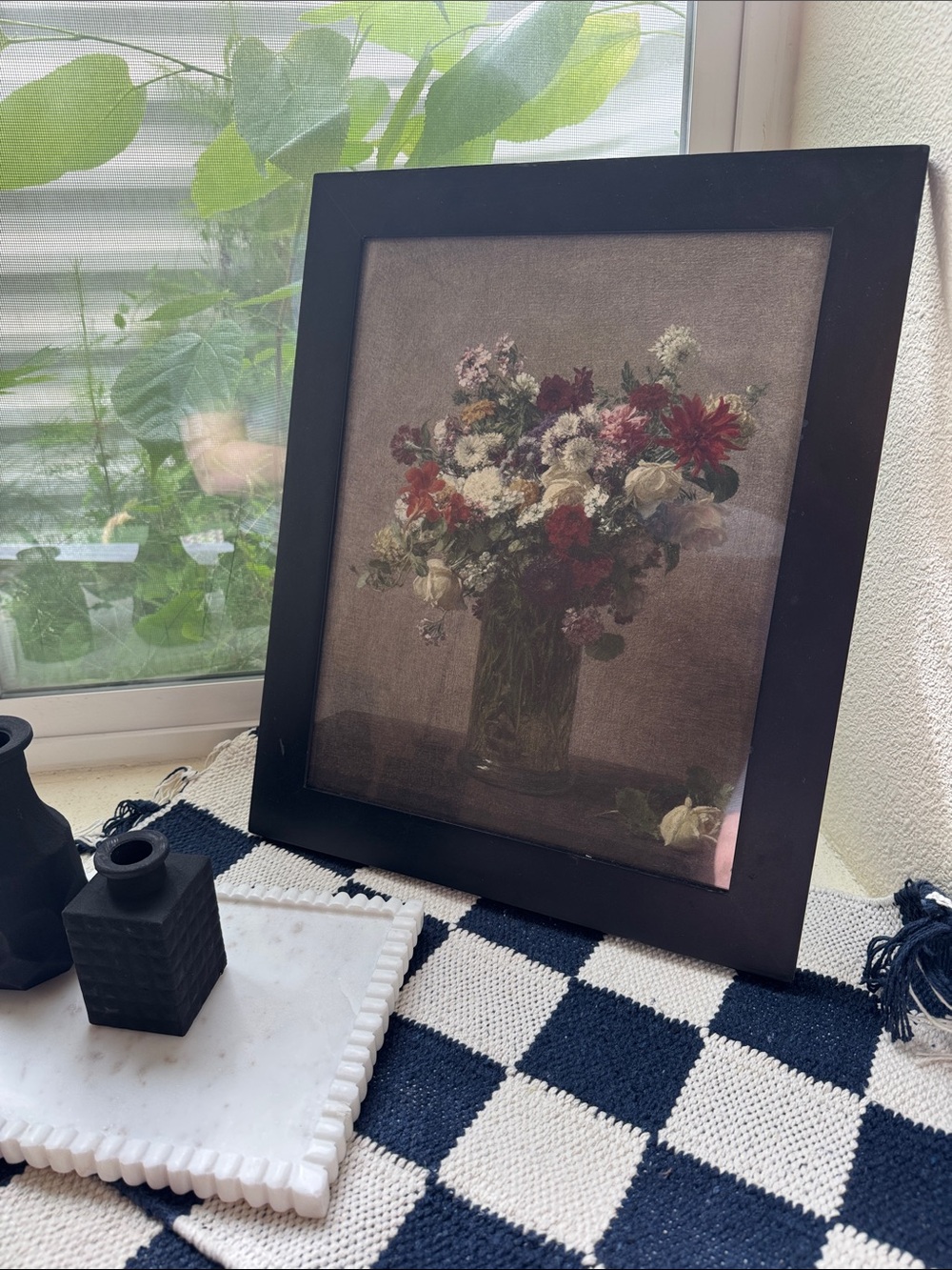 Framed Floral Still Life Print in Black Frame - Red & White Flowers
